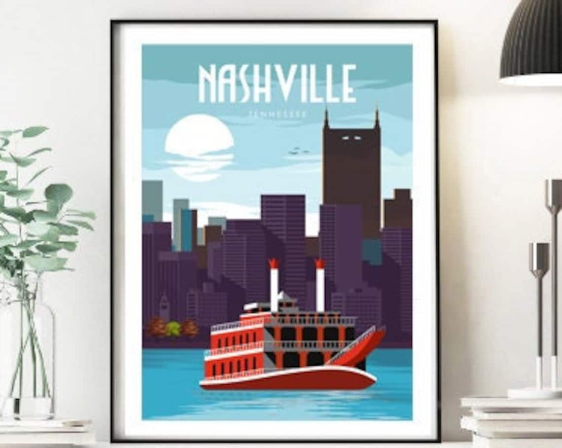 Nashville Tennessee Riverboat Skyline Moon Retro Travel Poster