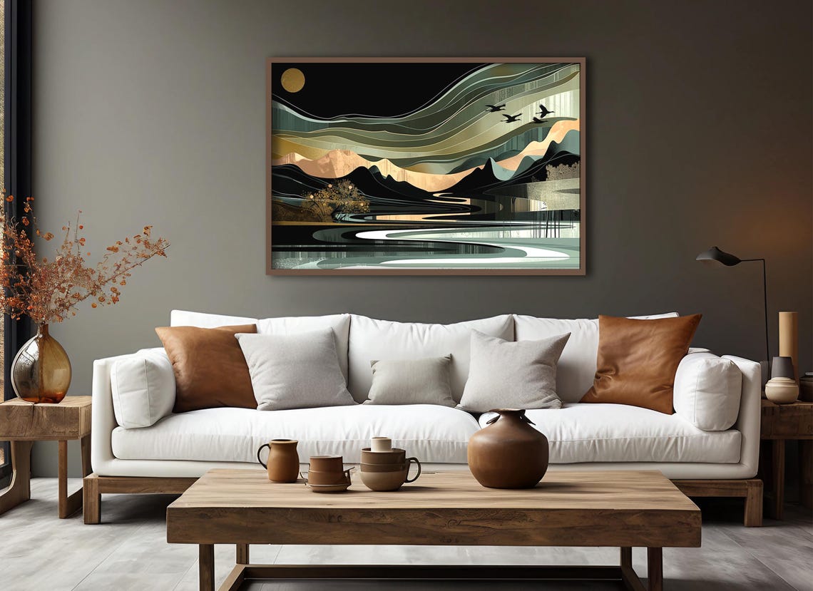 Minimalist Green Black Landscape Gold Moon Birds River Art Poster - Image 3