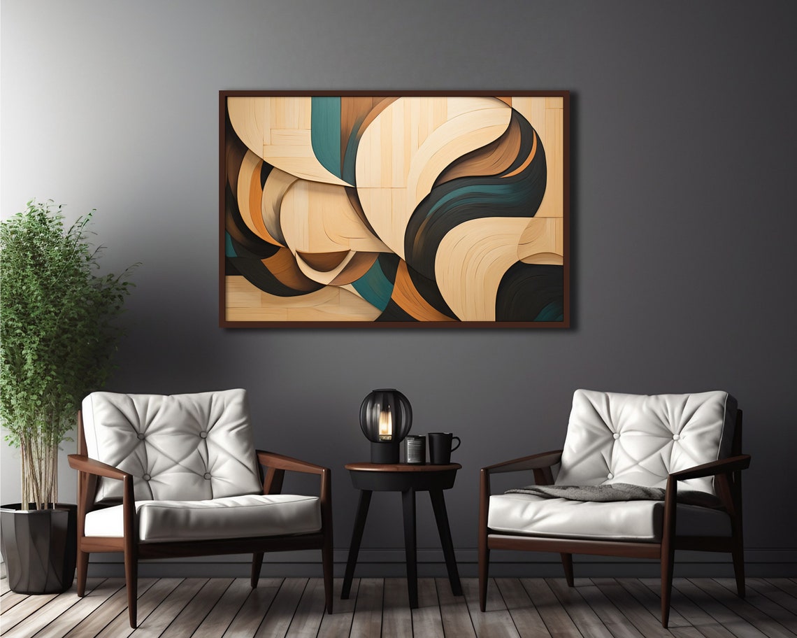 Wood Look Curved Panels Brown Teal Abstract Sculptural Wall Art Poster - Image 4