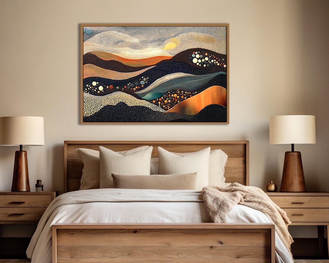Aboriginal Dot Art Sunset Desert Hills Orange Black Landscape Poster - Image 3