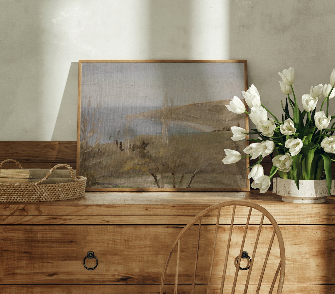 Hazy Lakeside Hills Poplar Trees Muted Vintage Landscape Art Poster - Image 2