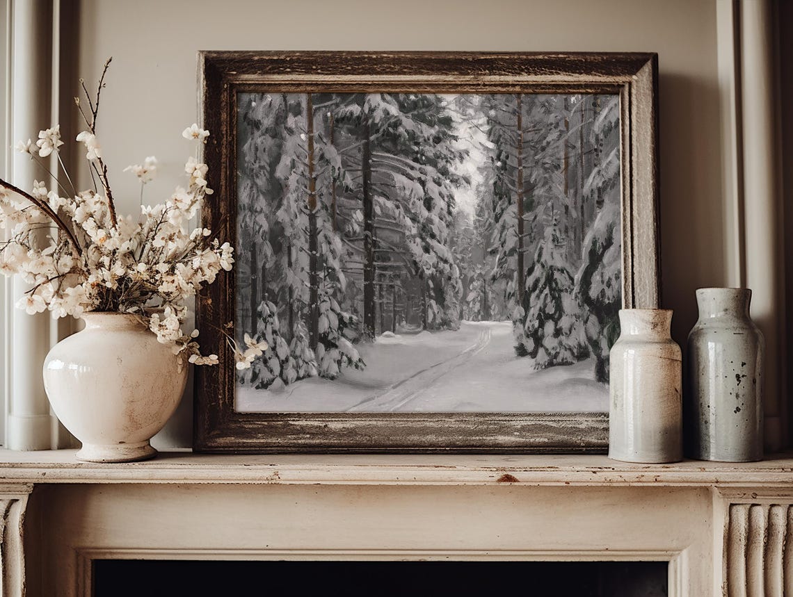 Moody Snowy Pine Forest Path Winter Landscape Vintage Art Poster - Image 5