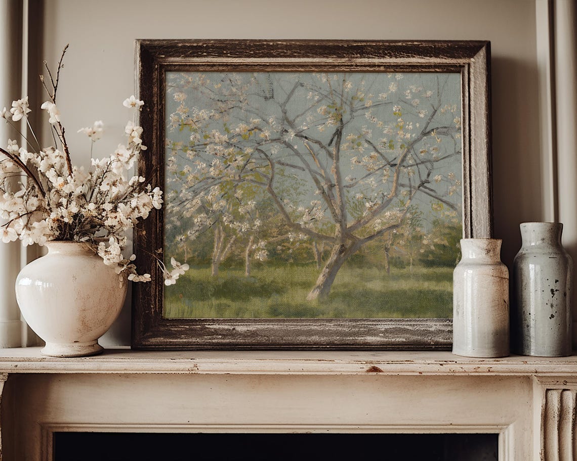 White Blossom Orchard Tree Spring Countryside Vintage Art Poster - Image 4
