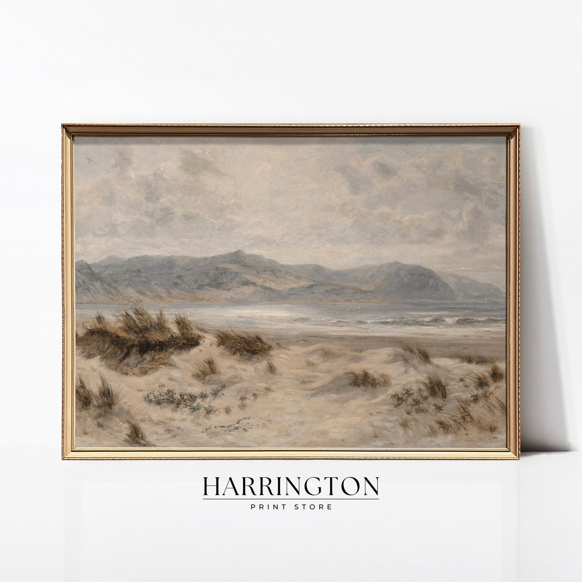 Sandy Dunes Beach Grass Hazy Mountains Neutral Vintage Art Print