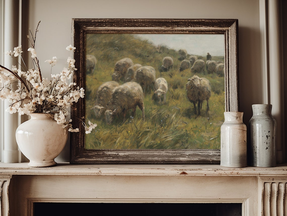 Sheep Oil Painting Countryside Vintage Print Vintage Landscape Country Field Landscape Print Painting - Image 2