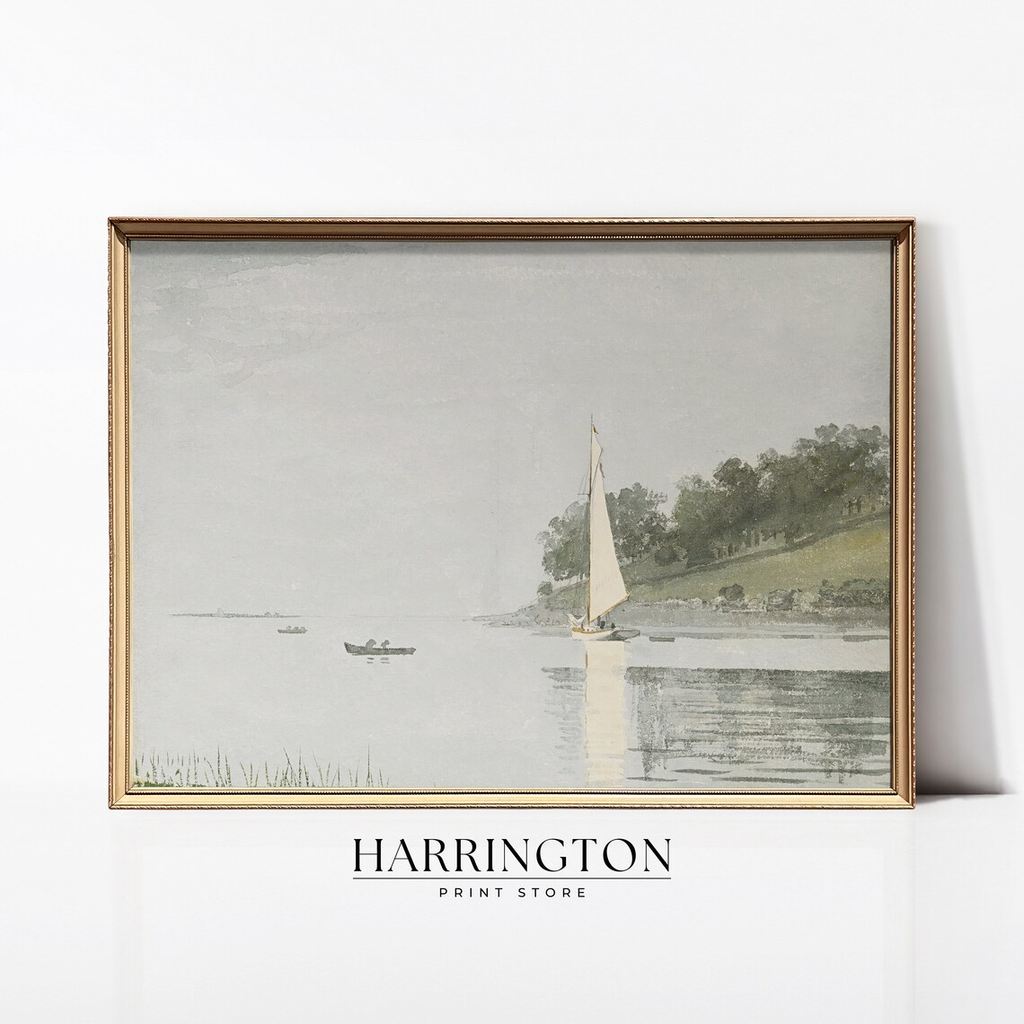 Misty Lake Sailboat Wooded Shoreline Vintage Coastal Art Poster