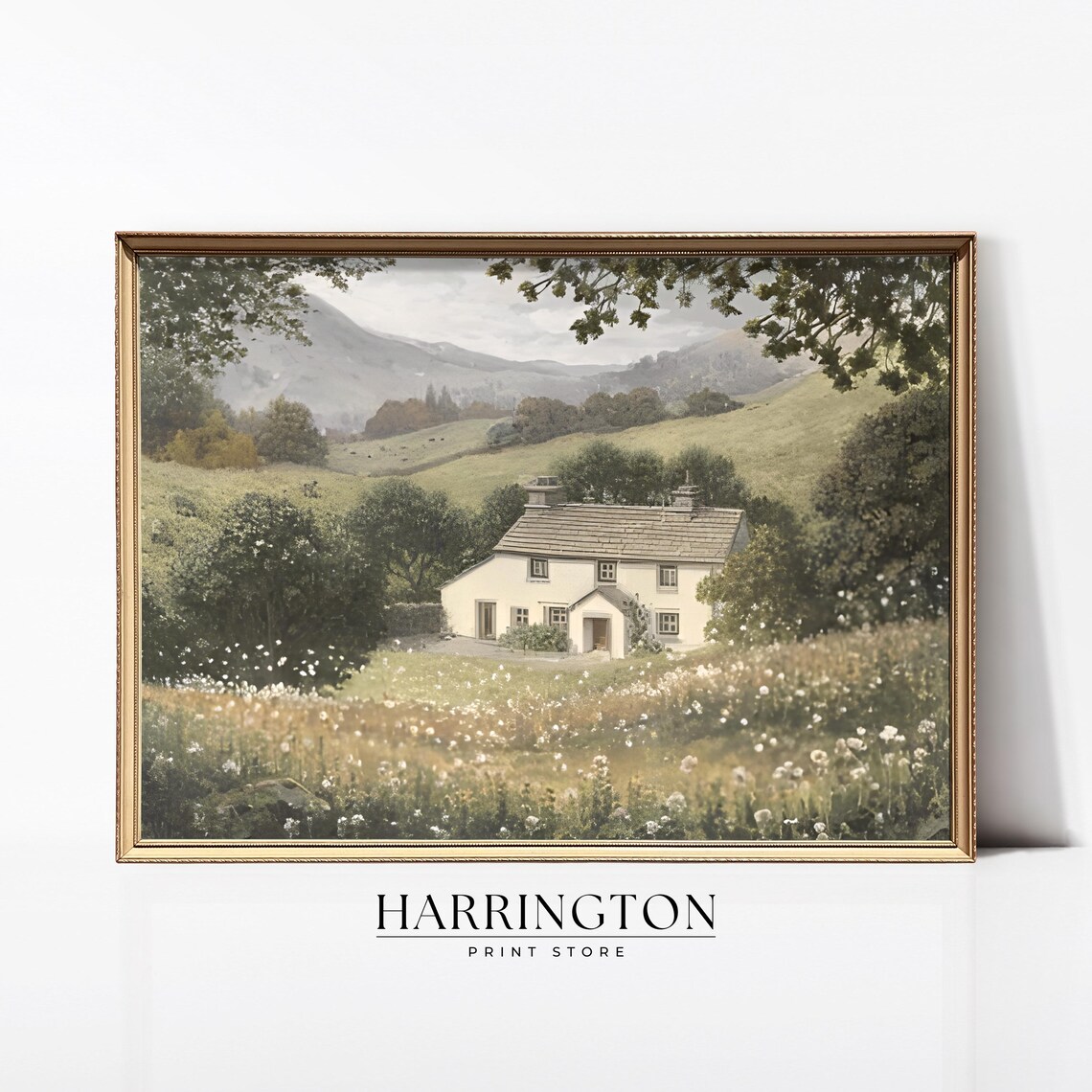 White Cottage Rolling Hills Wildflower Meadow Vintage Art Poster