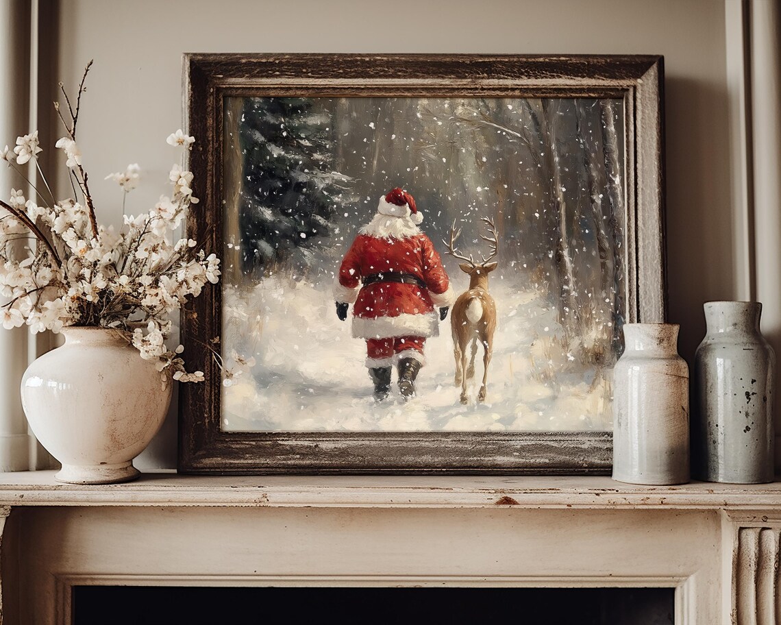 Santa Claus and Reindeer Winter Christmas Art Print - Image 4
