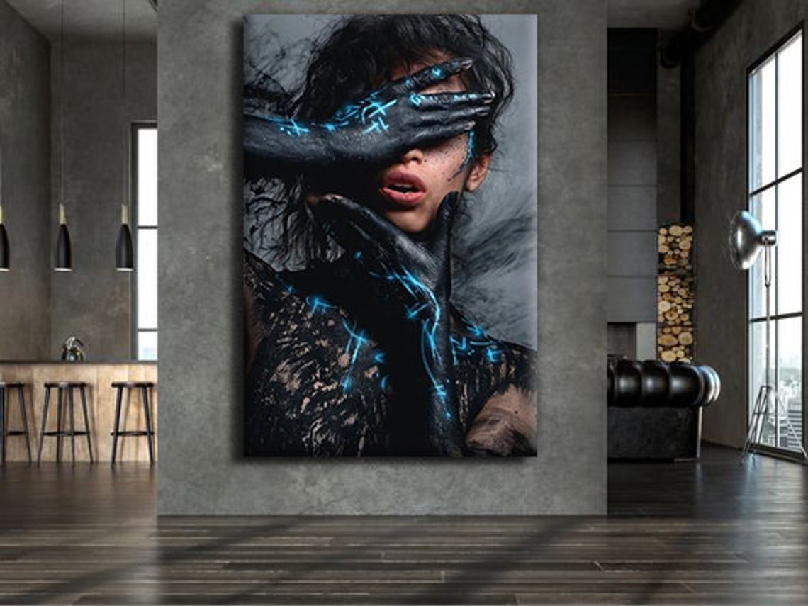 Woman Black Paint Hands Blue Glow Surreal Dark Portrait Art Print - Image 2