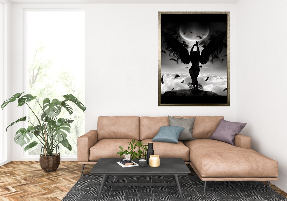 Black Winged Angel Woman Full Moon Dramatic Fantasy Night Poster - Image 2