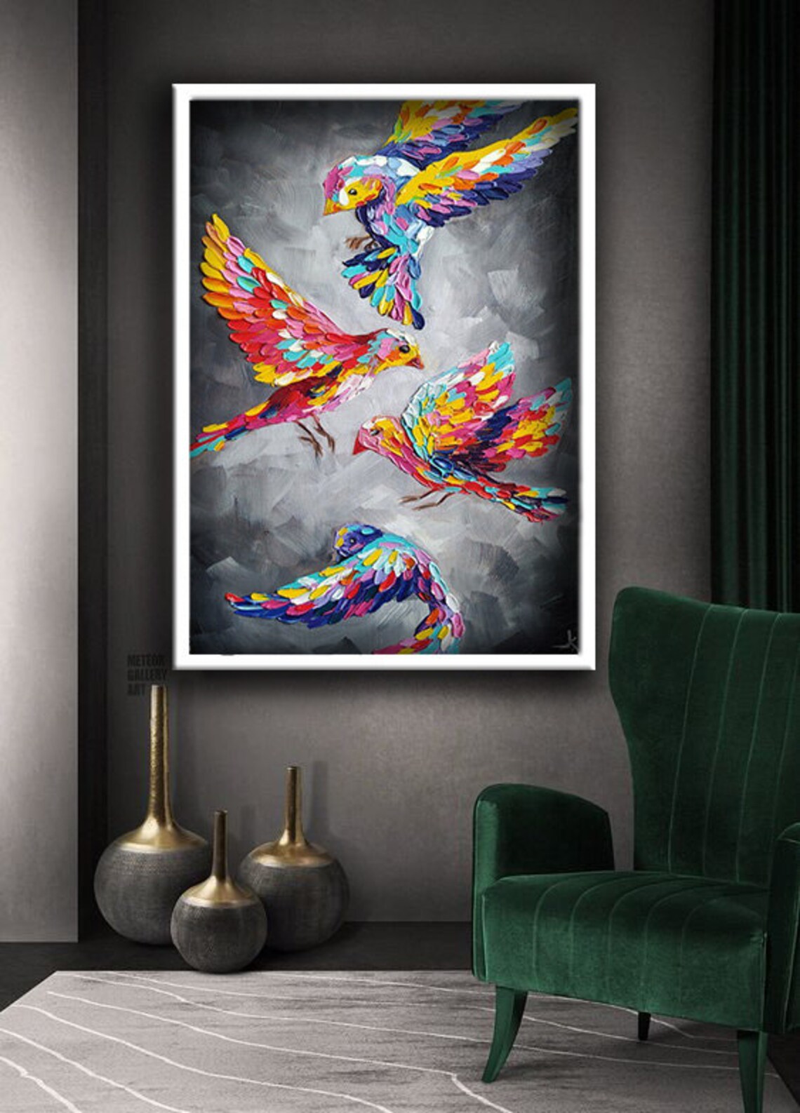 Four Colorful Flying Birds Rainbow Feathers Abstract Wildlife Wall Art - Image 3