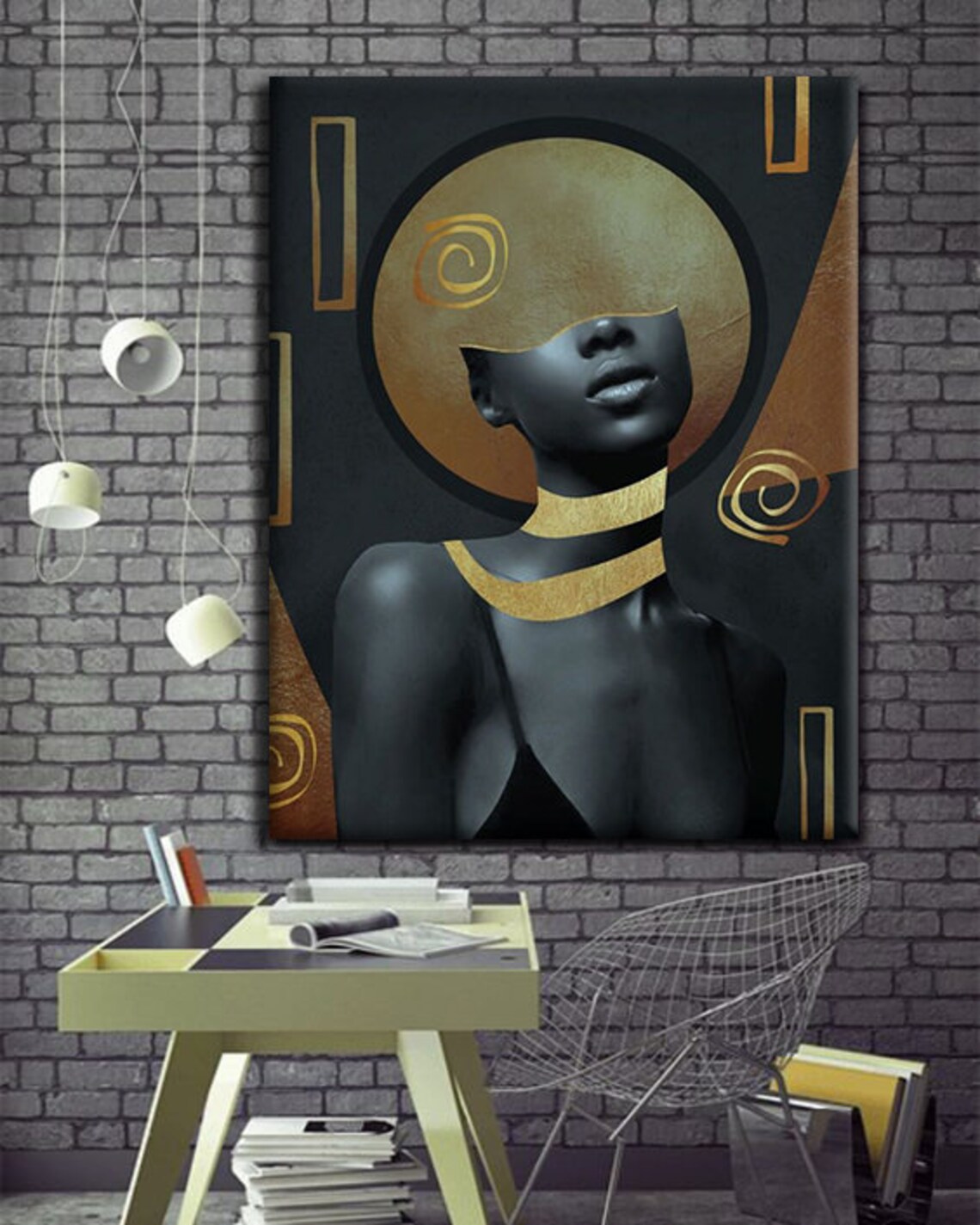 Elegant Black Woman Gold Mask Art Deco Modern Portrait Wall Print - Image 3