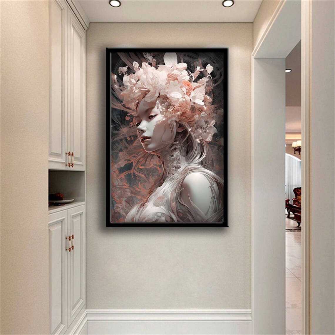 Pink Blossom Hair Woman Portrait Dark Floral Fantasy Art Poster - Image 3
