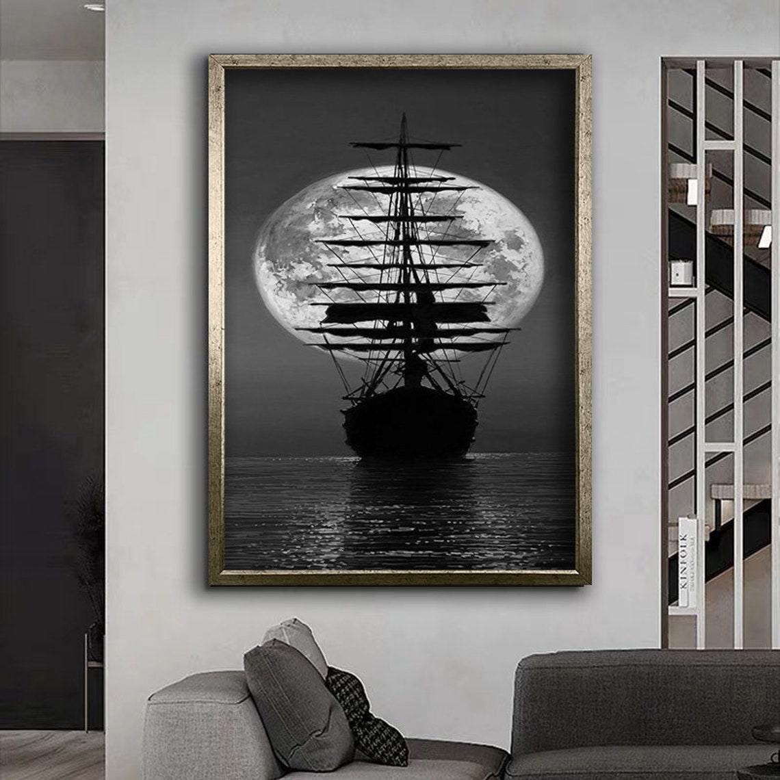 Sailing Ship And Full Moon Print Wall Decor Wall Art Print Ready To Hang Wall Print Design Painting - Image 4