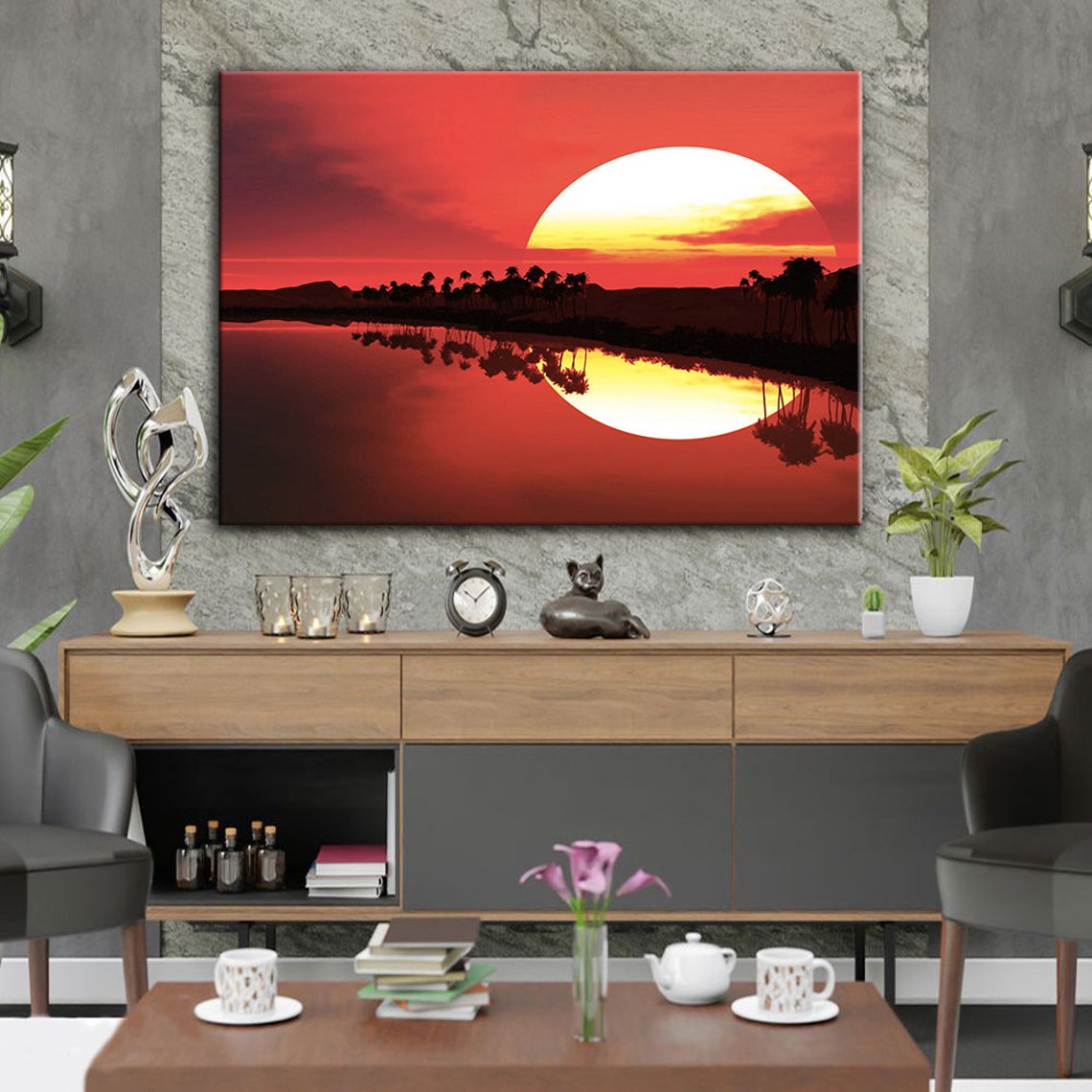 Tropical Sunset Huge Sun Over Lake Palm Silhouette Reflection Poster - Image 2