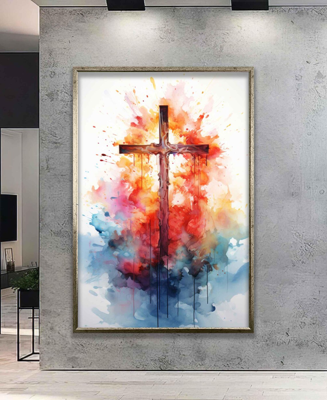 Christian Cross Watercolor Splash Vibrant Colorful Religious Wall Poster - Image 2