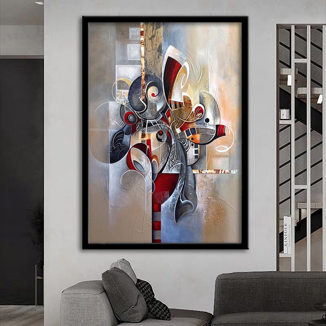 Abstract Geometric Red Gray Modern Art Cubist Style Wall Poster - Image 3