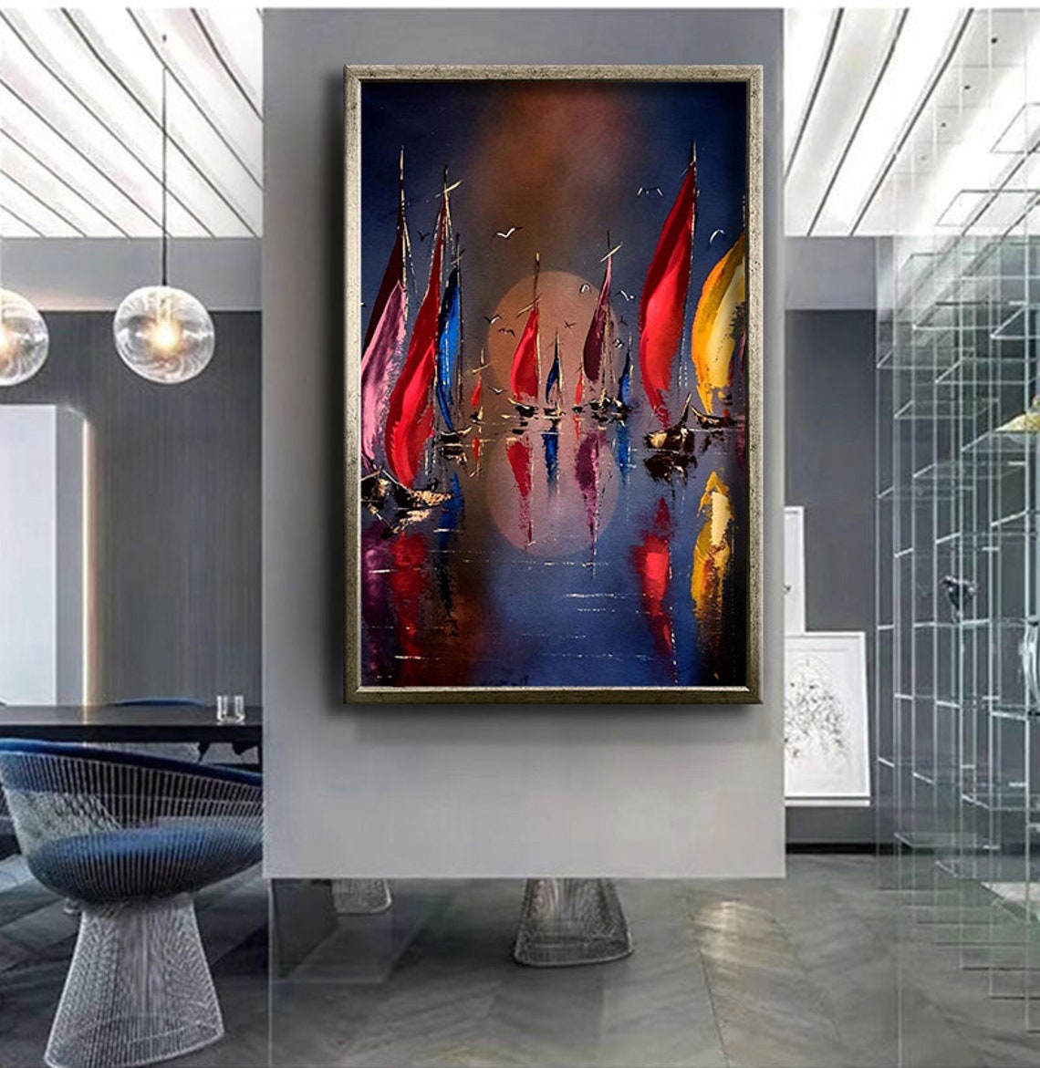 Sailing Ships Full Moon Night Colorful Sails Seascape Painting Poster - Image 4