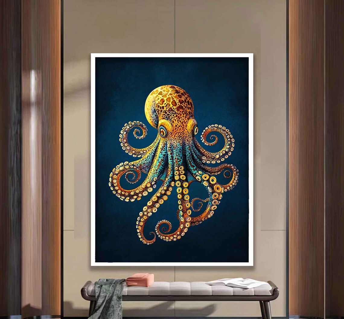 Golden Octopus Ornate Tentacles Deep Blue Background Marine Art Poster