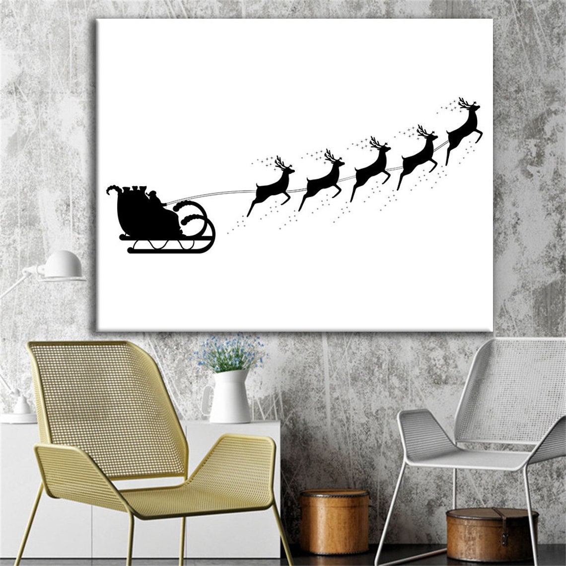 Santa Sleigh And Reindeer Silhouette Minimalist Christmas Wall Art - Image 3