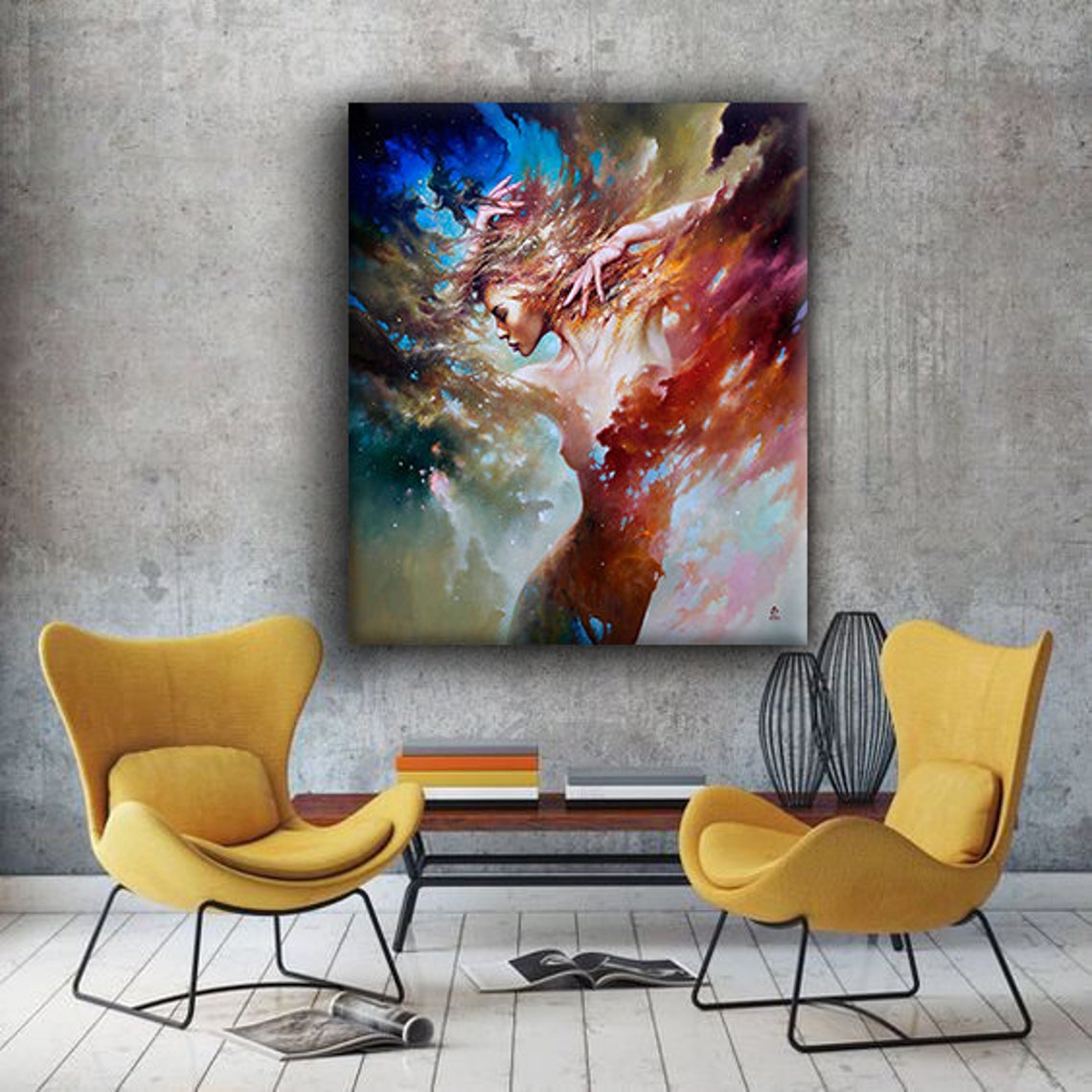 Ethereal Cosmic Goddess Dissolving Into Colorful Nebula Sky Poster - Image 3