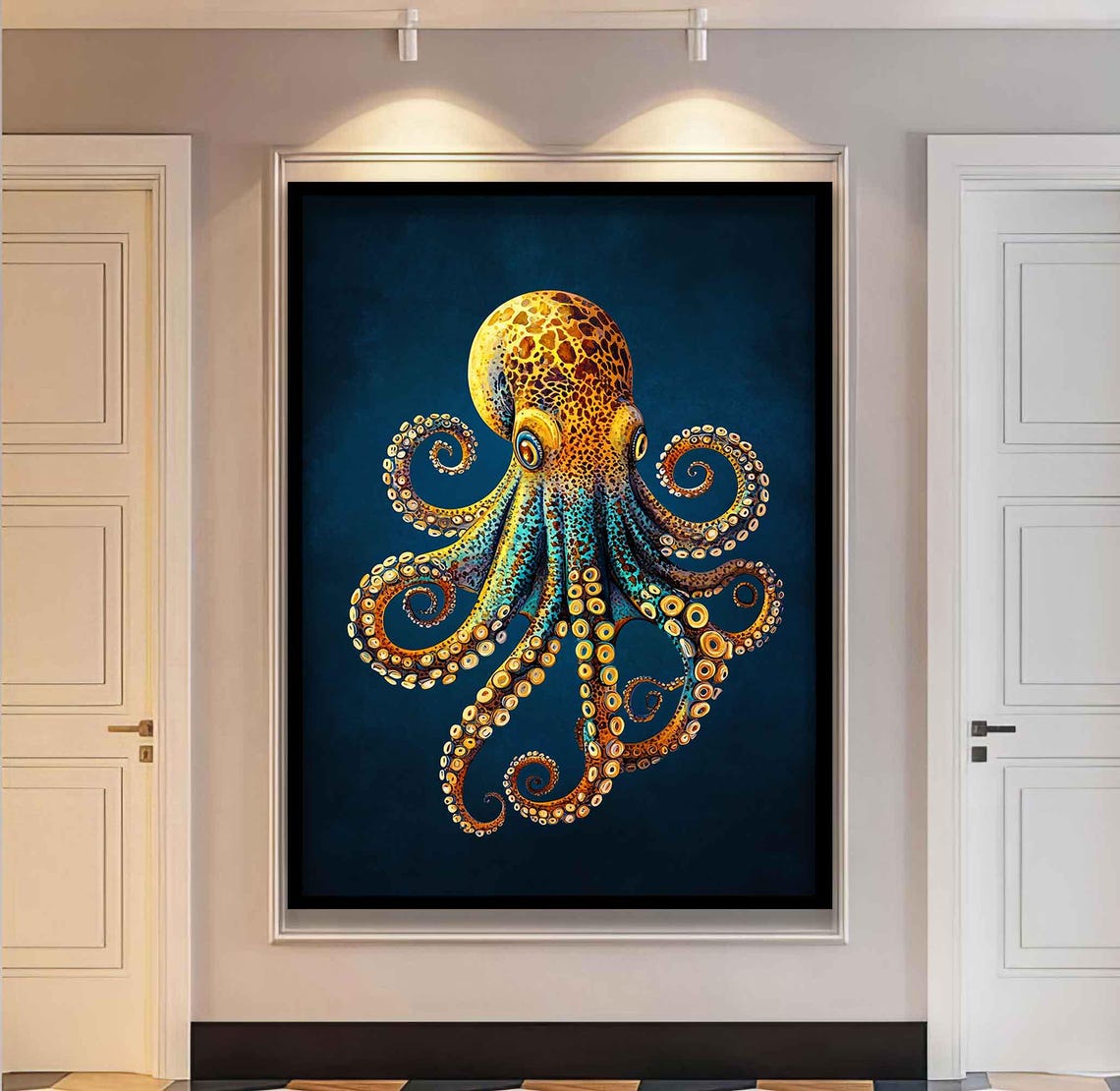 Golden Octopus Ornate Tentacles Deep Blue Background Marine Art Poster - Image 4