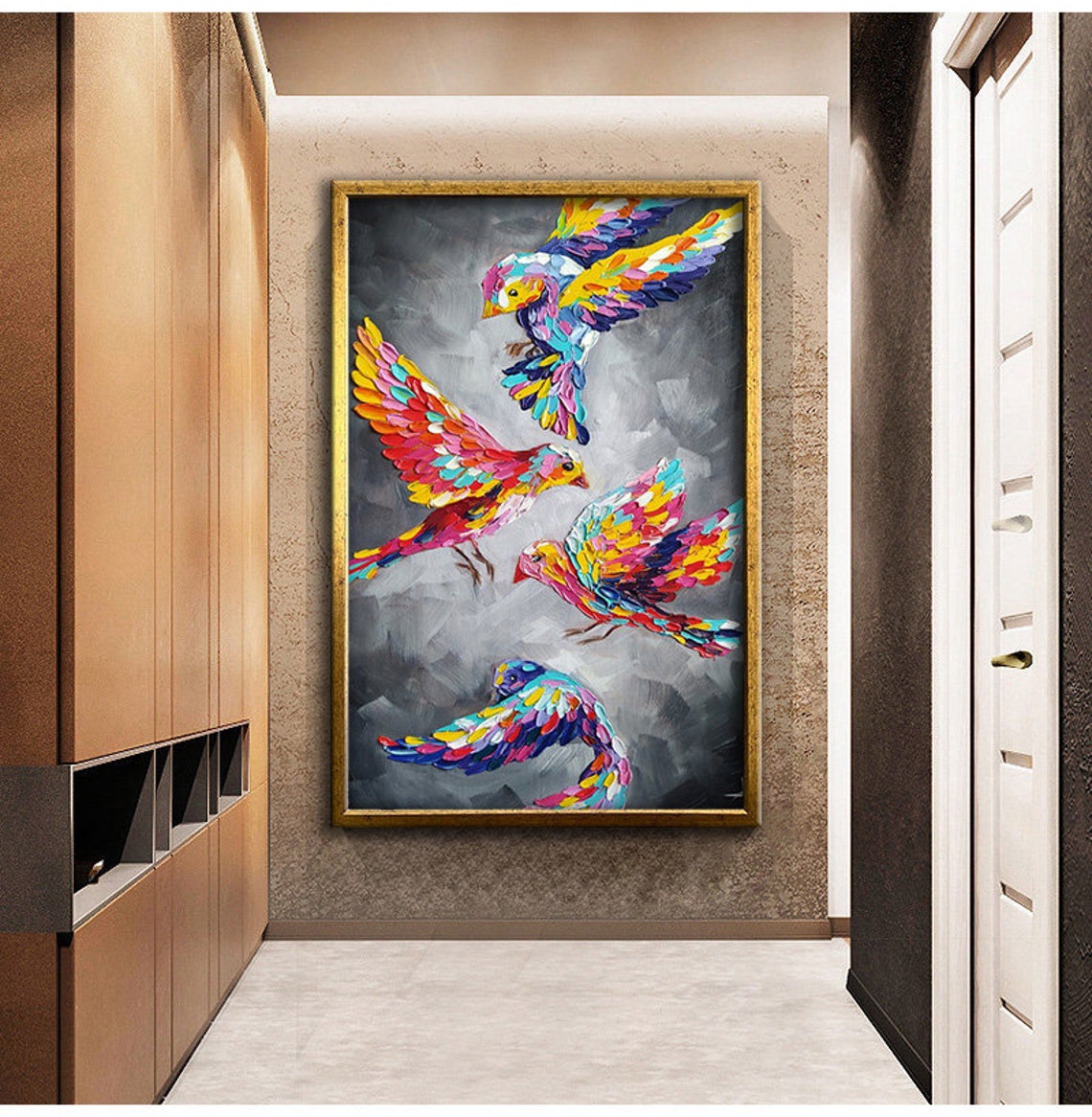 Four Colorful Flying Birds Rainbow Feathers Abstract Wildlife Wall Art