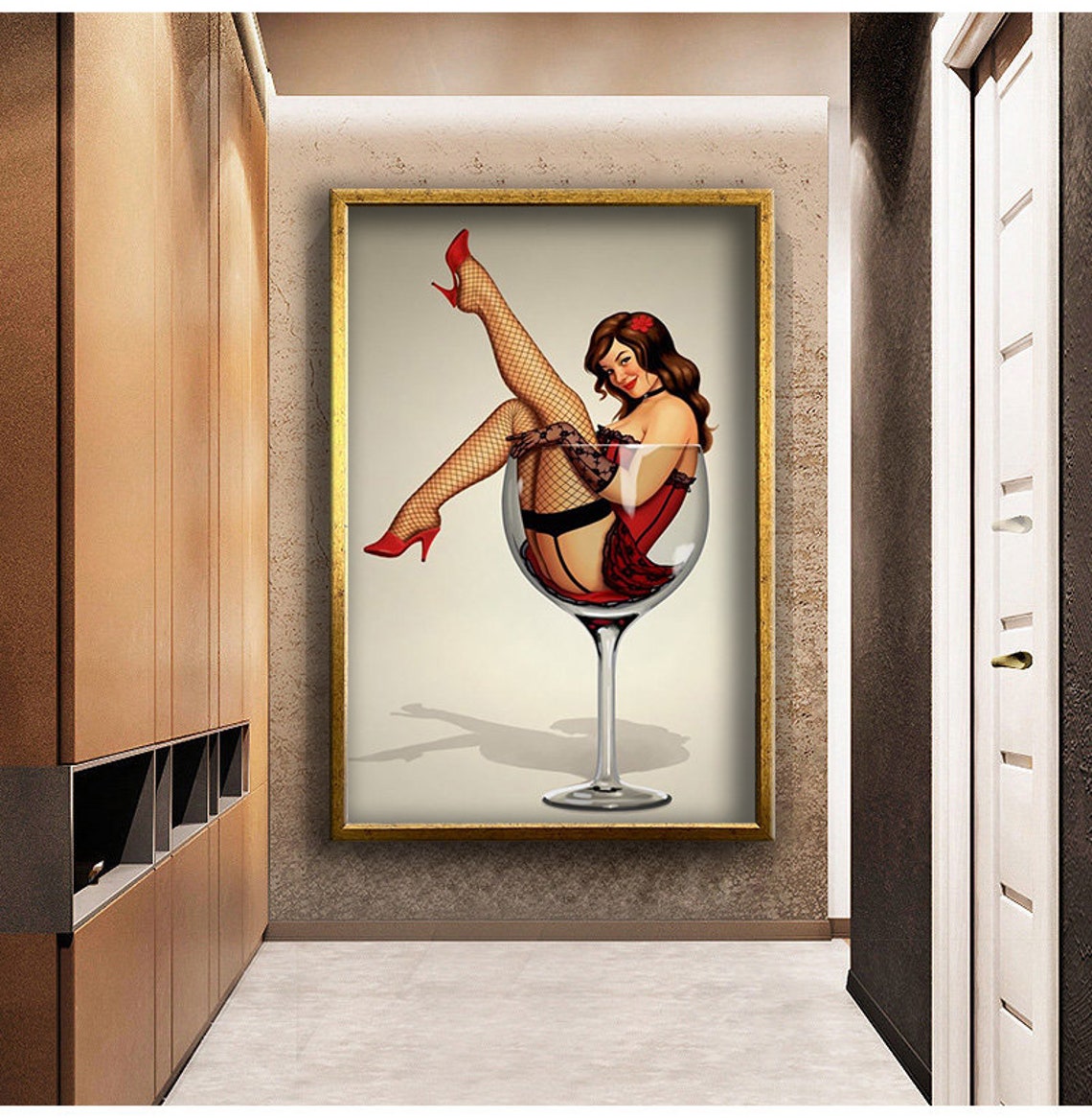 Vintage Pin Up Woman Sitting In Giant Wine Glass Retro Red Art Poster