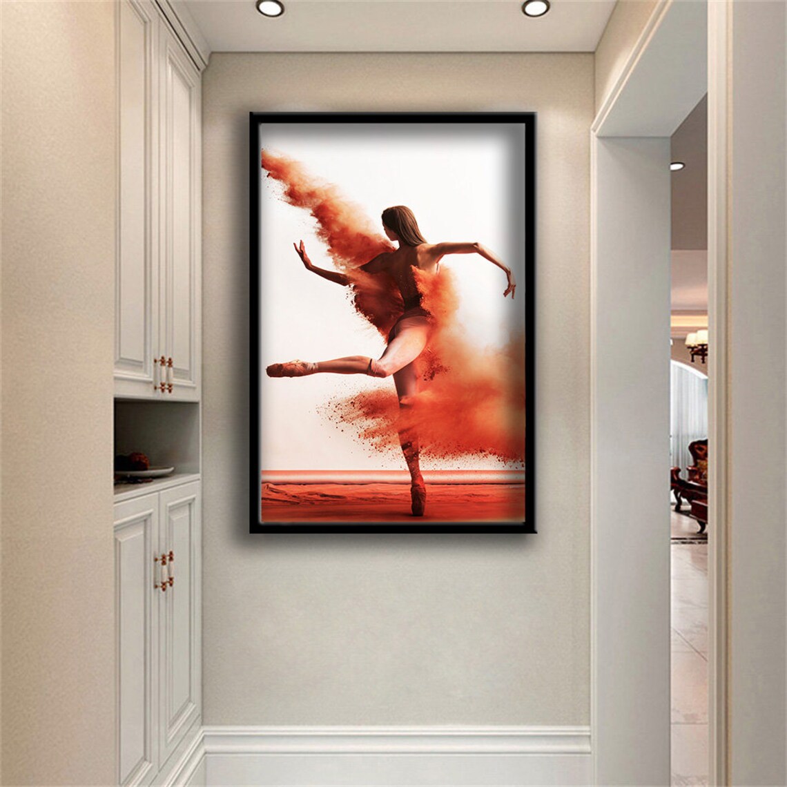 Ballerina Leaping In Red Dust Cloud Dance Motion White Background Poster - Image 2