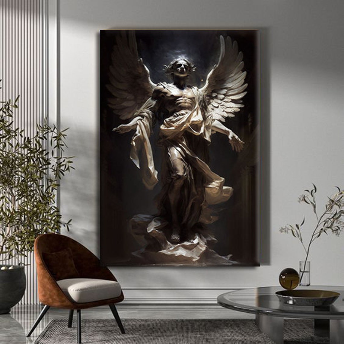 Dark Winged Angel Statue Stone Wings Dramatic Surreal Art Print - Image 2
