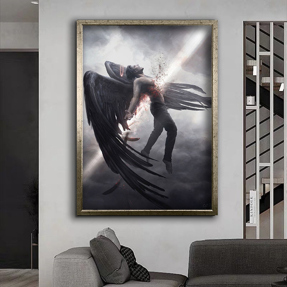 Fallen Dark Angel Black Wings Stormy Sky Fantasy Wall Art Poster - Image 4