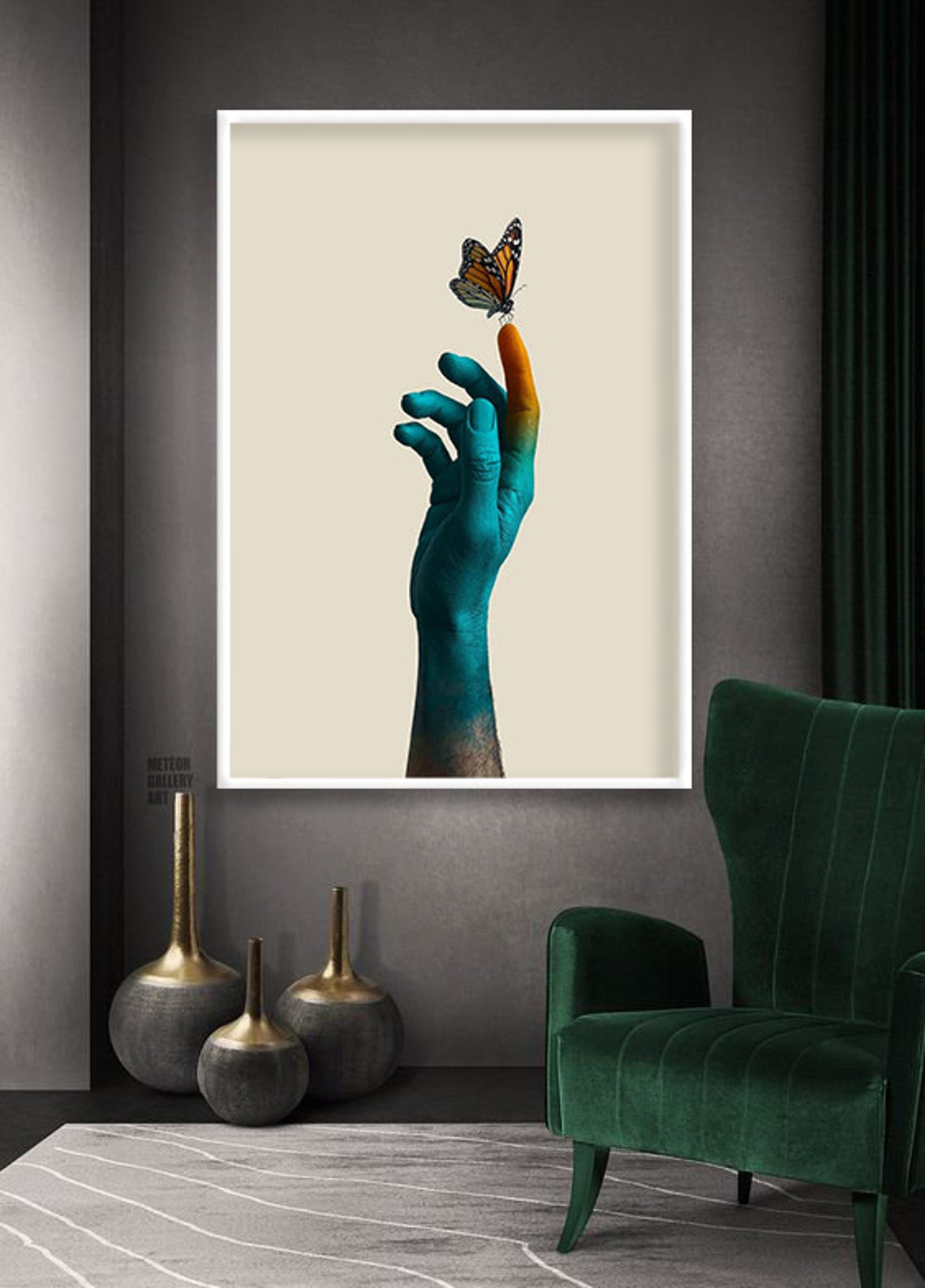 Blue Painted Hand With Monarch Butterfly Cream Minimalist Art Poster - Image 3