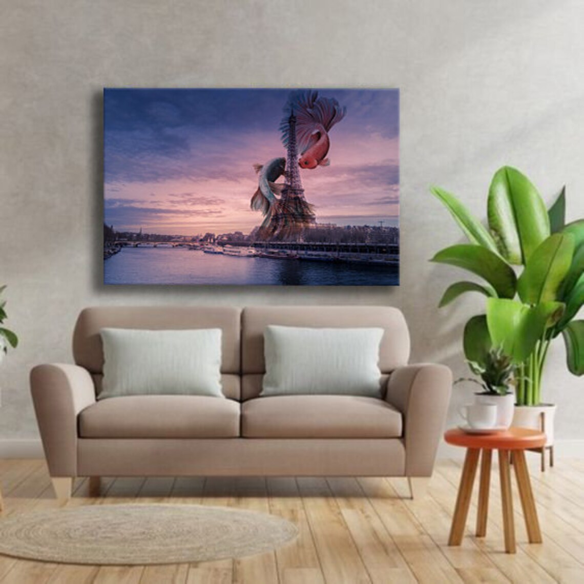 Eiffel Tower And Coi Fish Surreal Wall Decor Wall Art Eyfel Print Ready To Hang Wall Print Design Painting - Image 4