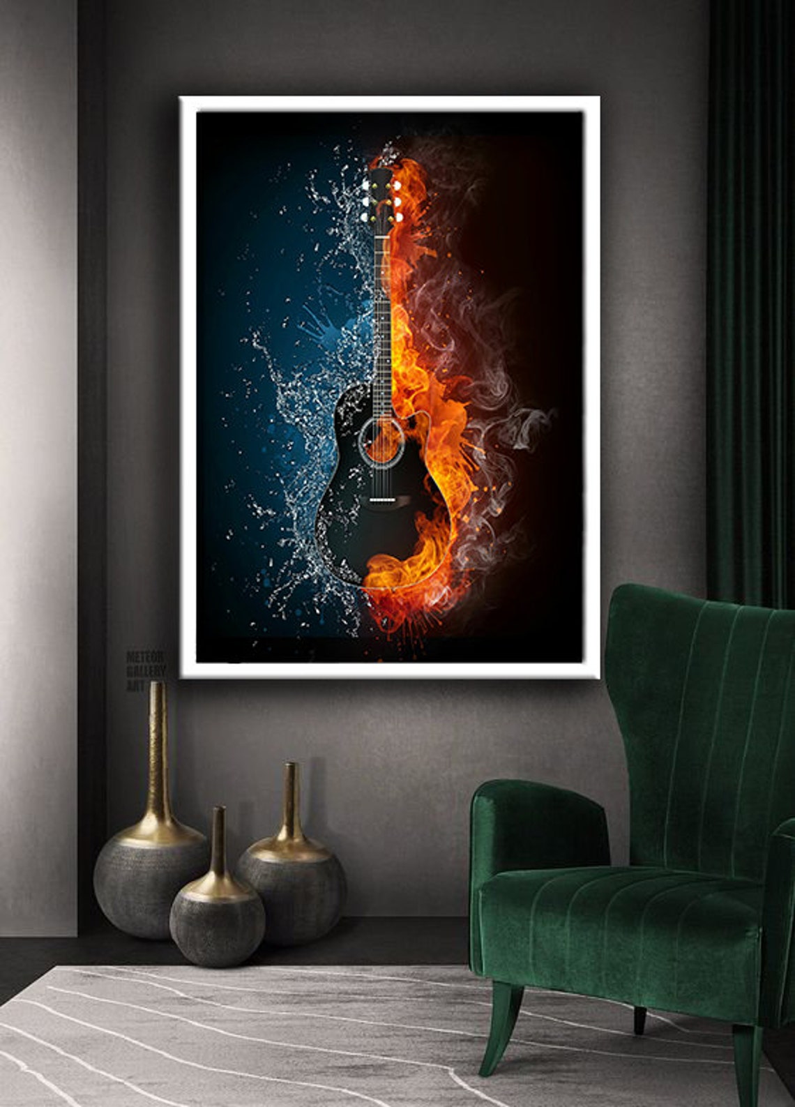 Acoustic Guitar Fire And Water Split Surreal Music Wall Art Poster - Image 4