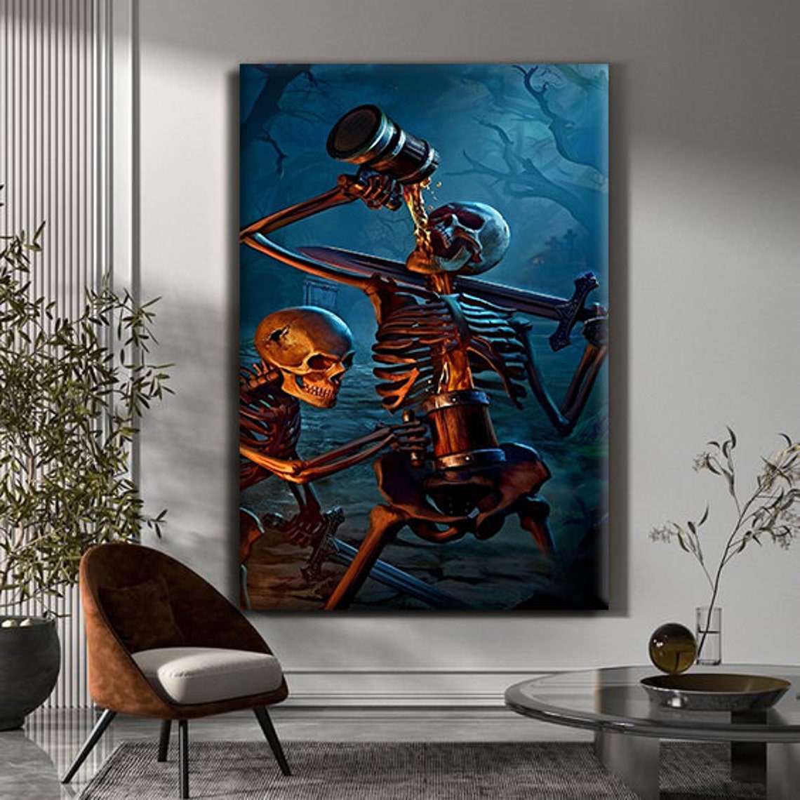 Drunk Skeletons Drinking Beer Moonlit Forest Fantasy Art Poster - Image 2