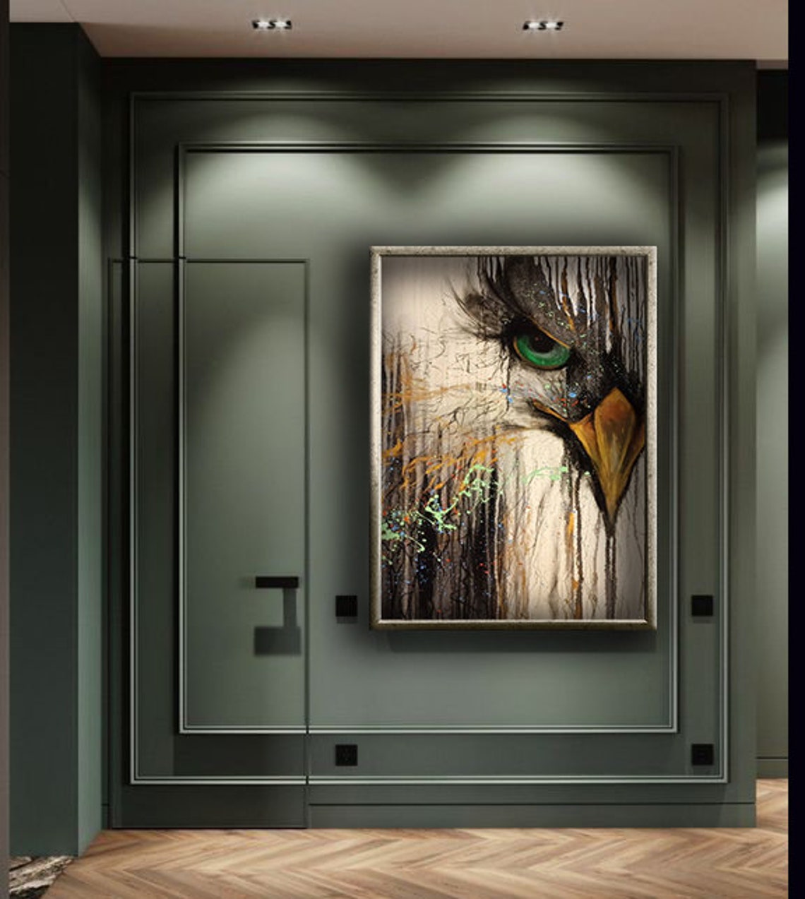 Abstract Eagle Head Green Eye Paint Drips Mixed Media Art Poster - Image 3
