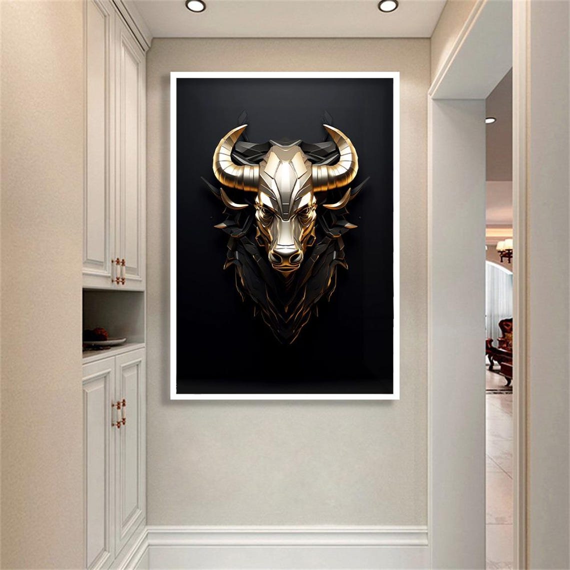 Angry 3D Golden Bull Head Geometric Black Gold Modern Wall Poster - Image 4
