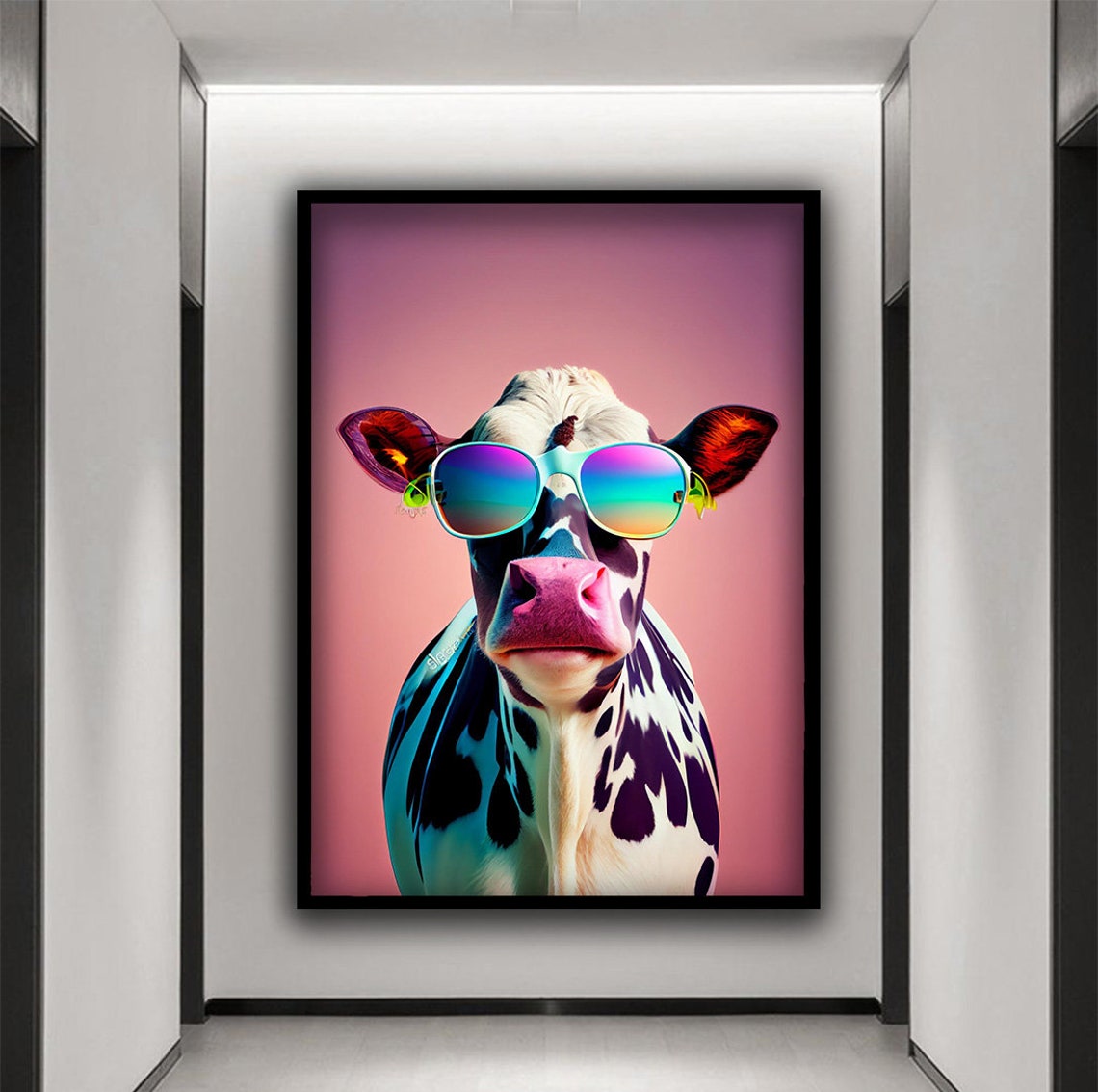 Funny Cow Wearing Rainbow Sunglasses Pop Art Pink Background Poster - Image 4
