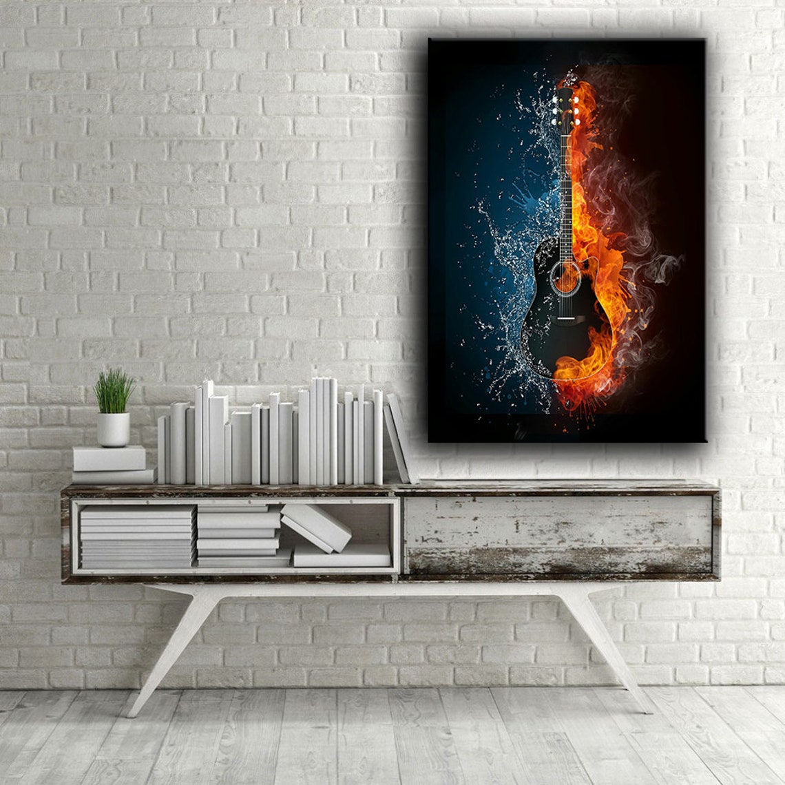 Acoustic Guitar Fire And Water Split Surreal Music Wall Art Poster - Image 2