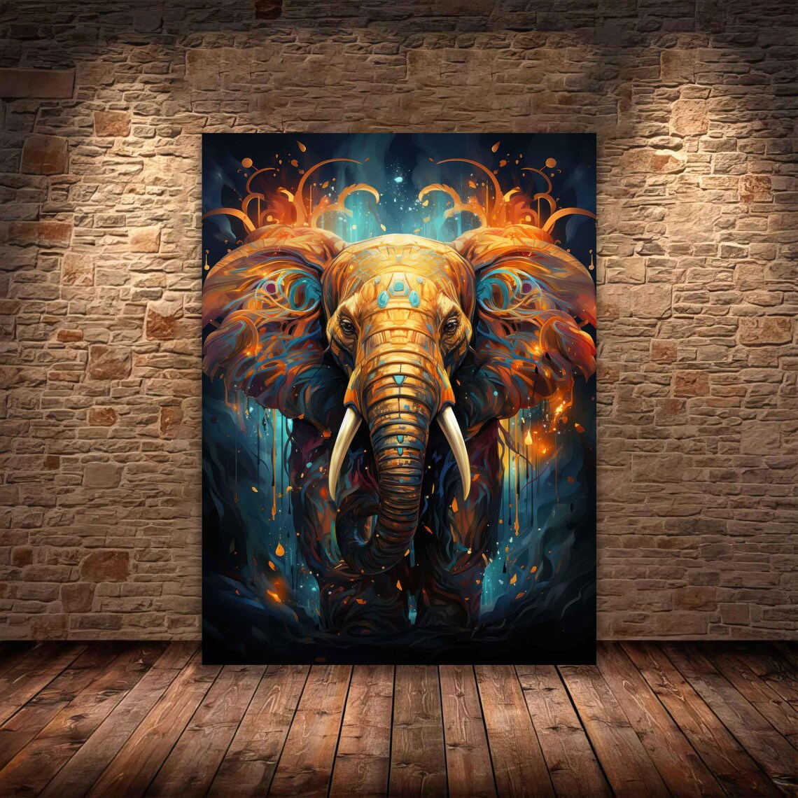 Golden Elephant Portrait Fiery Orange Teal Cosmic Abstract Animal Art Poster - Image 4