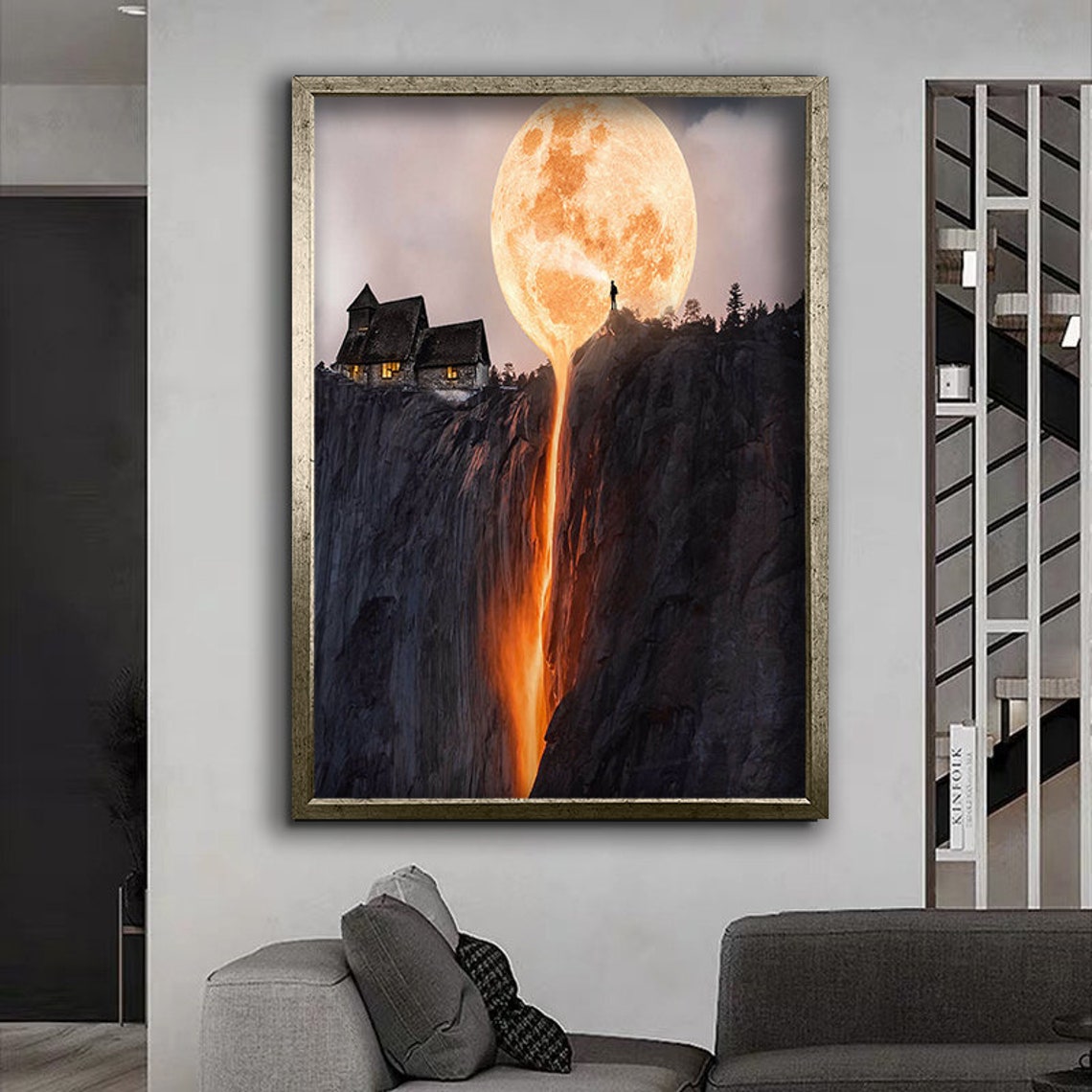 Melting Moon Over Cliff Chalet Surreal Nightscape Wall Art Poster - Image 4