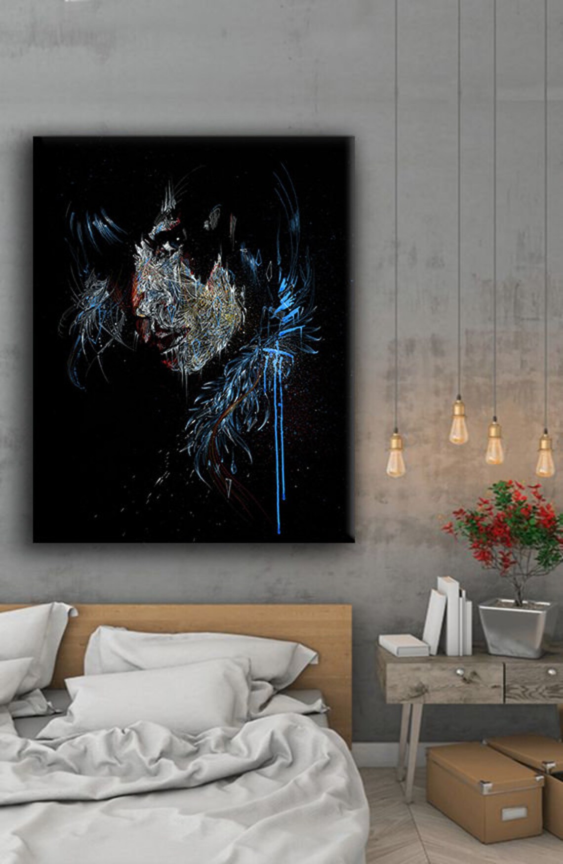 Dark Abstract Woman Face Textured Blue Highlights Modern Portrait Art Print - Image 3