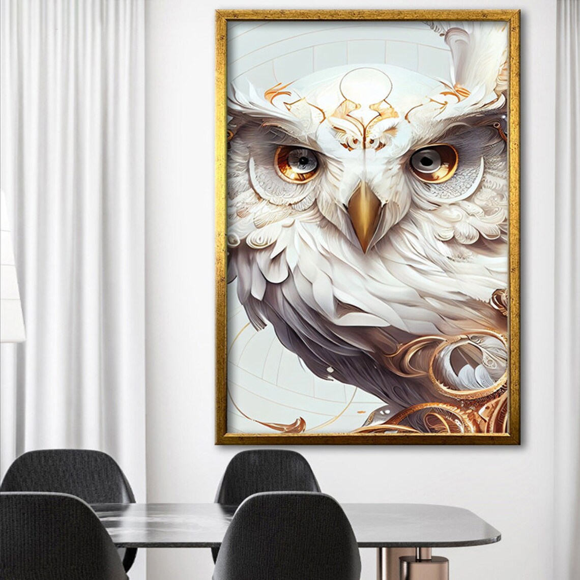 White Owl Golden Detail Majestic Close Up Bird Wall Art Poster - Image 3