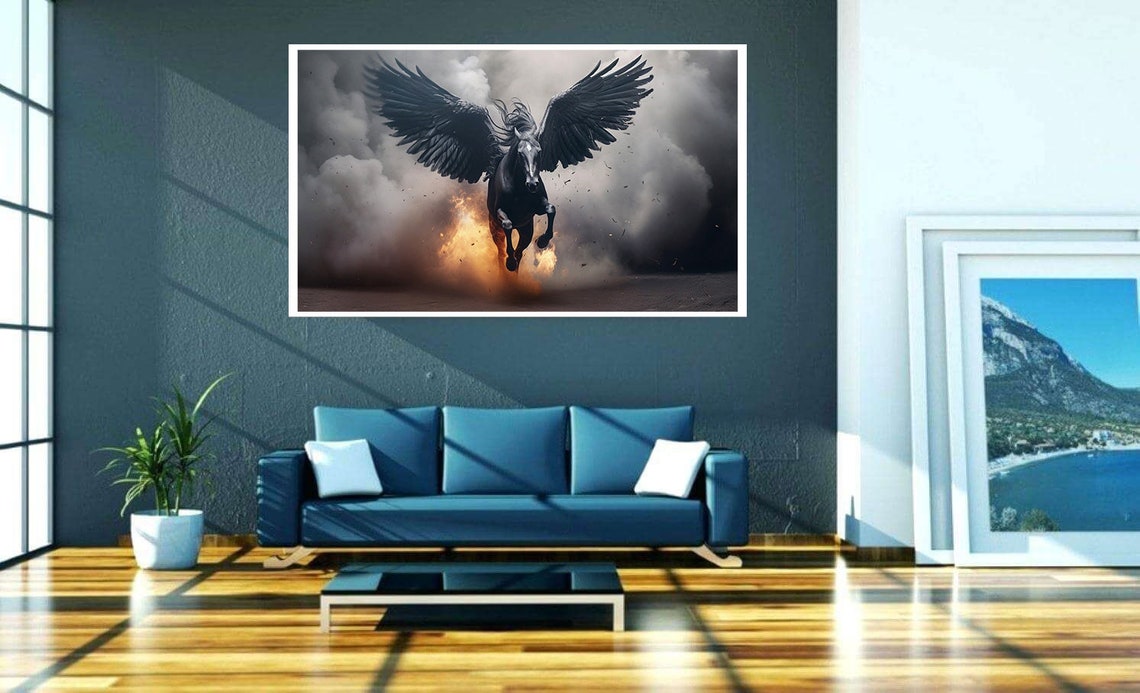 Black Pegasus Winged Horse Fire Smoke Fantasy Art Wall Poster - Image 4