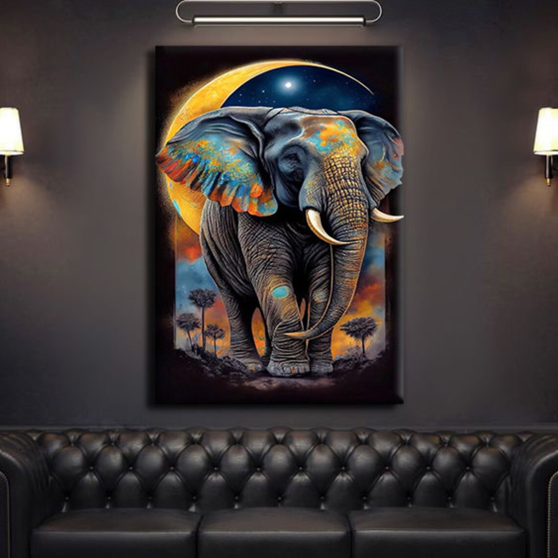 African Elephant Golden Crescent Moon Sunset Colorful Safari Wildlife Art Poster - Image 4