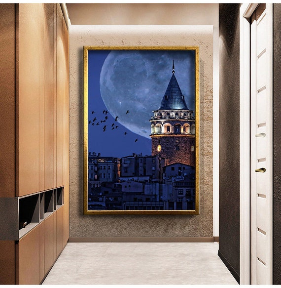 Istanbul Galata Tower And Full Moon Landscape Print Wall Painting Ready To Hang Wall Print Framed Print Home Decorative