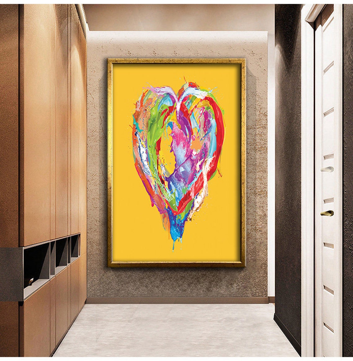Colorful Abstract Paint Stroke Heart On Yellow Background Wall Art
