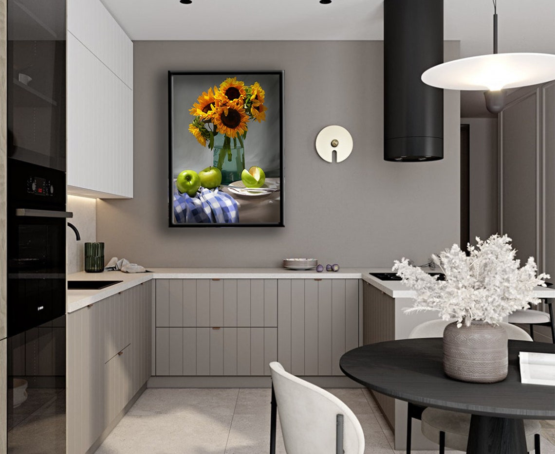 Sunflowers Green Apples Still Life Nostalgic Kitchen Painting Poster - Image 3