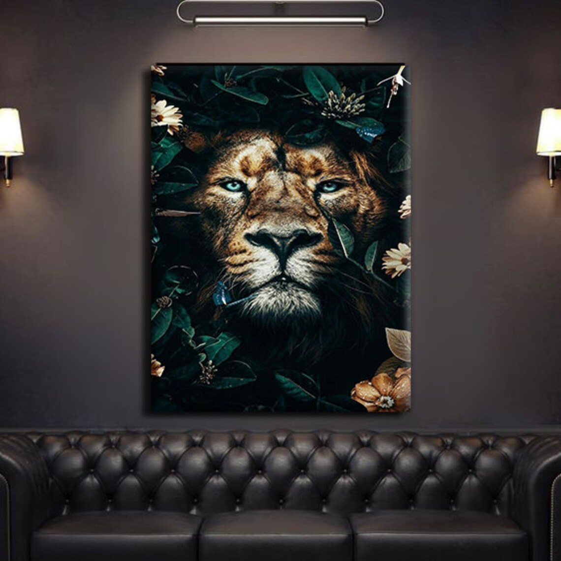 Lion Face Emerging Dark Jungle Leaves Flowers Dramatic Wildlife Portrait Poster - Image 3