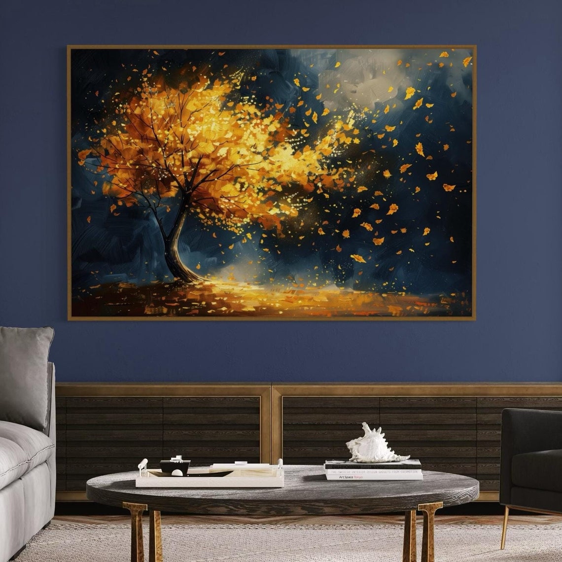 Golden Tree Autumn Leaves Windy Night Dramatic Landscape Art Print - Image 3
